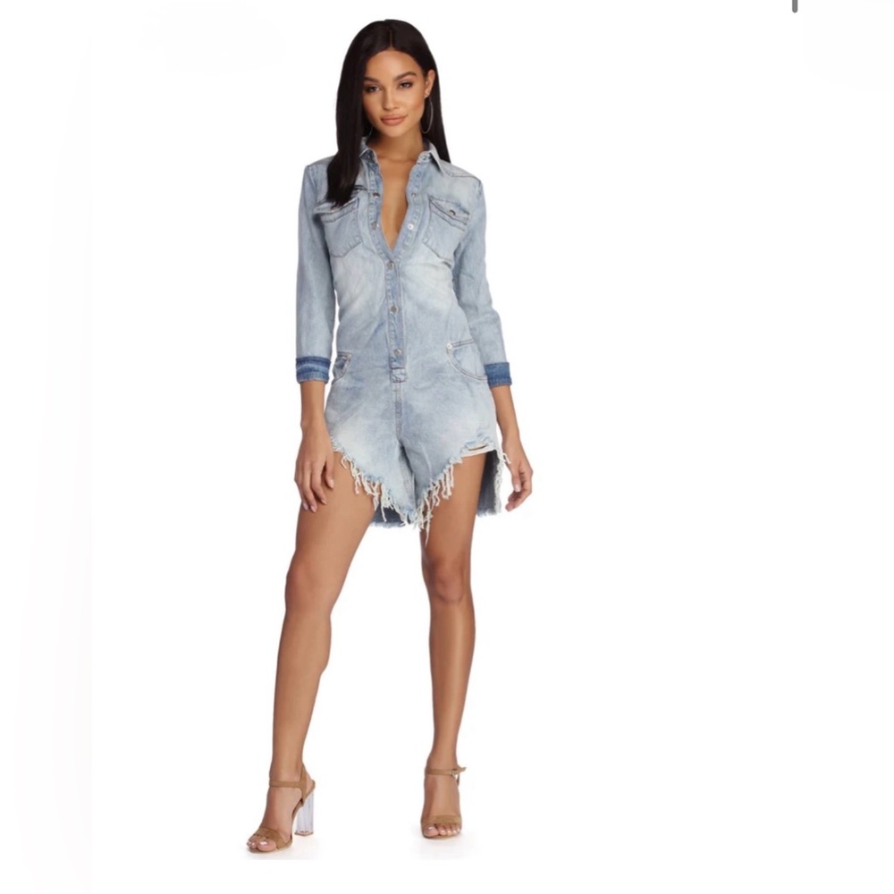 Denim Jumpsuit with Frayed Hem